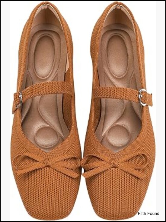Shoes - Knit Square Toe Mary Jane Flats with Ankle Strap Washable